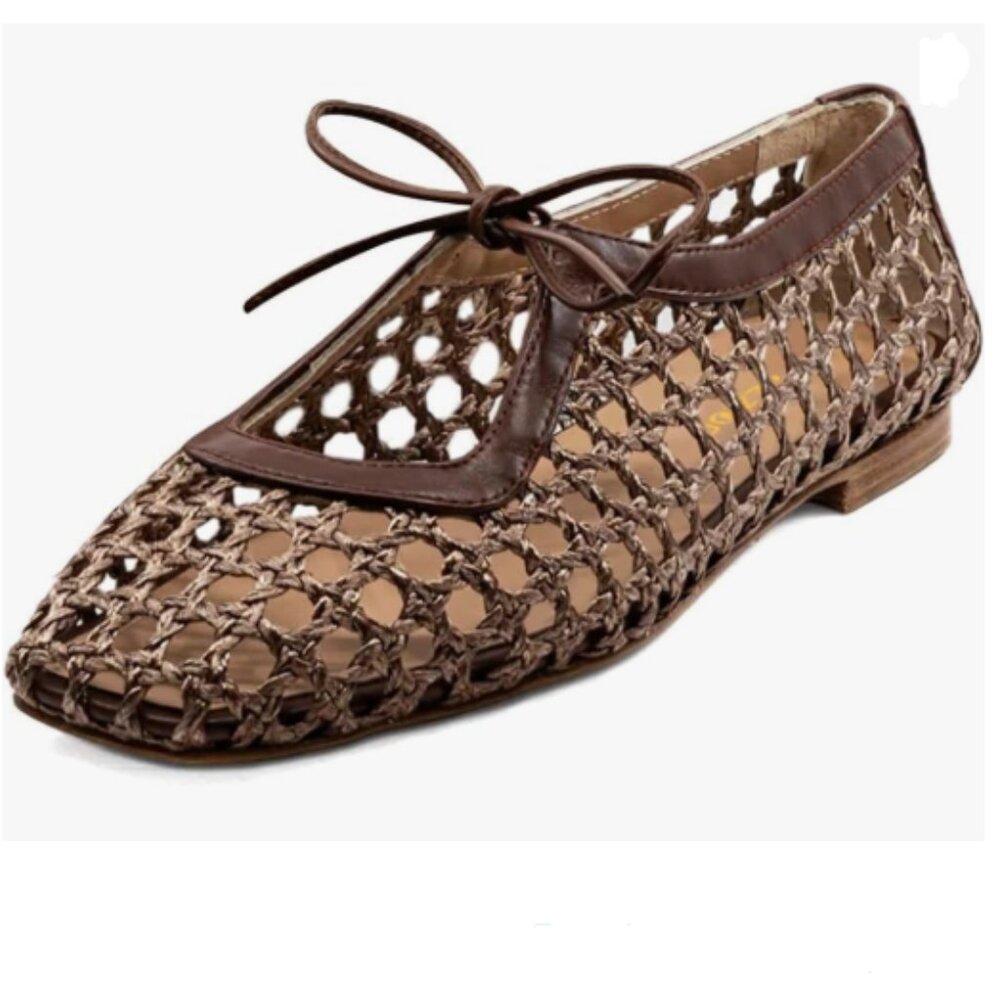 Pazzion Coffee Cute Bowtie Square Toe Mary Jane Slip On Cutout Ballet Flat